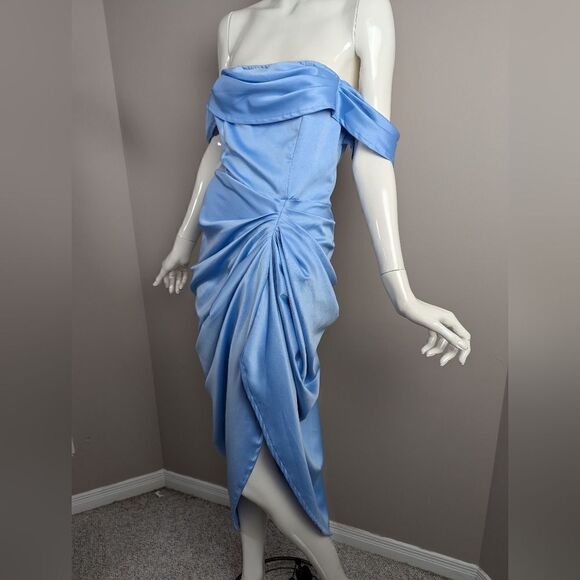 Pretty Little thing Blue Satin Draped Bardot Midi Dress 6 NWT - Picture 8 of 13